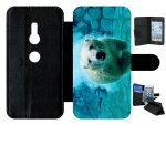 Etui � rabat xperia xz2 - gros ours blanc plongee - simili - cuir - noir