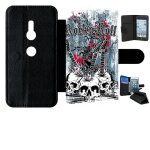 Etui a rabat xperia xz2 - heavymetal rock n roll skulls - simili - cuir - noir