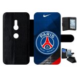 Etui a rabat pour xperia xz2 - psg paris saint germain metalise - simili - cuir - noir