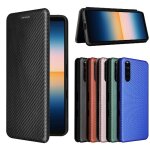 Etui pour sony xperia 10 iii fibre de carbone magn�tique insertion de carte coque en cuir folio flip ...