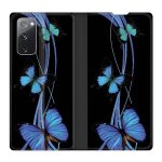Housse cuir portefeuille pour samsung galaxy s20 fe / s20fe papillon bleu sur noir