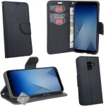 Housse etui coque pochette portefeuille pour samsung galaxy a8 (2018) + film ecran - noir / noir