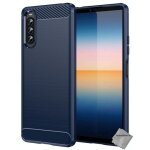 Housse etui coque silicone gel carbone pour sony xperia 10 iv + verre trempe - bleu fonce