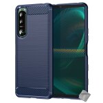 Housse etui coque silicone gel carbone pour sony xperia 5 iii + verre trempe - bleu fonce