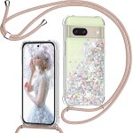 Jgd - coque pour google pixel 7 avec cordon, paillette liquide etui pour t�l�phone avec lani�re, transparent ...