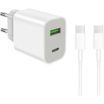 Kalanka - chargeur usb c recharge rapide avec cble, 20w prise 2 ports alimentation blanc adaptateur ...
