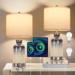 Lot de 2 lampes de table avec connecteurs usb a + type - c 2 ampoules led dimmables, abat - jour blanc ...