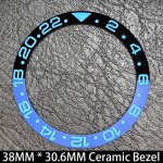 Lunette lumineuse bleue en c�ramique / aluminium inclin�e de 38mmx30. 6mm, gmt et insert de montre de ...