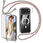 Magn�tique coque avec cordon pour iphone 17 pro magsafe, 2 verre tremp� et 2 cam�ra protecteur, transparent ...