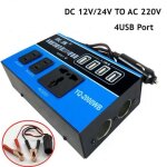 Onduleur de puissance 1500w 12v / 24v dc a 220v ac, convertisseur de courant de pointe, 4 sorties usb, ...