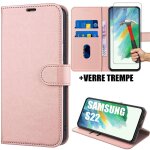 Pack de 2 verres trempes et coque pour samsung s22 (6. 1'') rose effet cuir couleur unie protection 360 ...