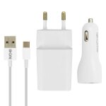 Pack chargeur secteur 2. 1a + chargeur voiture 2. 1a + c�ble usb type c 1m - blanc