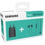 Pack kit pieton adaptateur secteur samsung ultra rapide 25w noir + ecouteurs filaires intra auriculaires ...