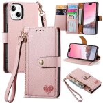 Saturcase coque pour apple iphone 14, heart pu cuir flip portefeuille poche double boucle magn�tique ...