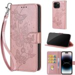 Saturcase coque pour apple iphone 15 pro, papillons pu cuir magn�tique flip portefeuille support porte ...