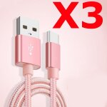 X3 cble metal nylon renforc chargeur usb / type c 1, 5m trss couleur rose compatible samsung lg sony ...