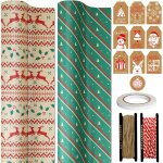 2 rouleaux de papier cadeau de nol 43cm x 15m chacun - motif renne et a rayures verts, papier kraft ...