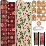 2 rouleaux de papier cadeau de nol 43cm x 15m - motif flocons de neige a carreaux, papier kraft avec ...