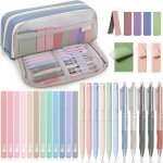 32pcs papeterie esth�tique avec trousse bleue, 12 surligneurs pastel, 6 stylos couleur, 5 stylos noire, ...