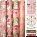4 rouleaux de papier cadeau de no�l rose - 43cm x 3m chacun , papier kraft recyclable avec etiquette ...