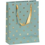 Un lot de 5 sacs cadeaux premium - format moyen - 17x6x22 cm - 170g - motif : cerfs verts et or sur fond ...