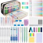 63 pices fournitures scolaires esthtiques avec trousse a crayon, 12 surligneur pastel, 5 stylos gel, ...