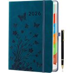 Agenda journalier 2026, format a5, 1 jour par page, avec onglets mensuels color�s, bleu paon, stylo inclus ...