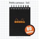 Bloc notes - 7, 5 x 10, 5 cm - petits carreaux - 80 feuilles - noir - avec spirale - rhodia