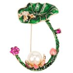 Broche en fleur de lotus, feuilles vertes, en forme de grenouille, imitation perle, email, pour femmes, ...