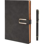Carnet de notes en cuir pu gris fonc avec stylo - confrencier a5 rechargeable avec pages epaisses - ...