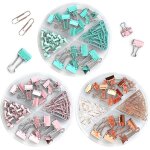 Ensemble de 216 pinces de bureau : pinces a reliure, trombones, punaises en or rose, cyan et rose ¿ ...