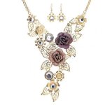 Ensemble de bijoux de luxe pour femmes, collier incrust de strass, pendentif de fleur, boucles d'oreilles, ...