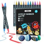 Feutre acrylique, 12 couleurs 1 - 5mm pinceau double marqueur peinture acrylique, permanent imperm�ables ...
