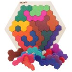 Jeu de puzzle en bois color, hexagone, tangram, jeu de qi, jouet educatif pour enfants