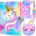 Journal girl with lock, peluche unicorn girl, 160 pages double face cahier, journal secret avec portefeuille ...