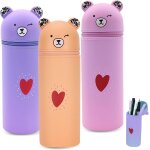 Kal - kawaii lot de 3 trousses a crayons : trousse et pot a crayons 2 en 1 en silicone souple, porte ...