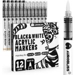 Kalanka - lot de 12 marqueurs acryliques noirs et blancs a pointe pinceau flexible pour roche, c�ramique, ...