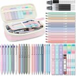 Kawoq - lot de 56 articles pour l'cole avec grande trousse, 6 stylos a bille colors, 12 surligneurs ...