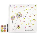 Livre d'or toile pissenlit 50x50 cm avec tampons encreurs multicolores et stylo.