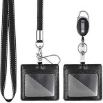 Lot de 2 porte - badges horizontaux en cuir pu avec tour de cou et enrouleur r�tractable