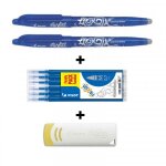 Lot de 2 stylos frixion ball pointe moyenne 0. 7mm bleu pilot + 6 recharges + gomme