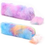 Lot de 2 trousses a crayons, maquillage, en peluche arc - en - ciel rose pastel avec pompon pour enfants, ...