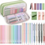 Lot de 32 fourniture scolaire aesthetic avec vert trousse a stylos, 12 surligneurs pastel, 6 stylos couleurs, ...