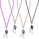 Lot de 4 colliers en cristal (noir, gris, or champagne, rose) avec porte - badge et porte - cl�s r�tractable, ...