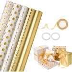 Lot de 5 rouleaux de papier cadeau - 43 cm x 3 m - blanc doré - avec ruban doré - pour anniversaire d'enfant ... Lot de 5 rouleaux de papier cadeau - 43 cm x 3 m - blanc doré - avec ruban doré - pour anniversaire d'enfant ...