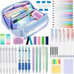 Lot de 63 fournitures scolaires aesthetic avec bleu trousse a stylos, 12 surligneur pastel, 5 stylos ...