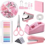 Lot de 9 accessoires de bureau roses comprenant agrafeuse, distributeur de ruban, extracteur d'agrafeuse, ...