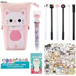 Maa - trousse scolaire enfants kit, 1 chat plumier / porte stylo, 6 stylos gel, 1 stylo bille 10 couleur, ...