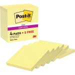 Notes autocollantes super sticky, 4 blocs + 2 gratuits, 76 mmx76 mm, 90 feuilles par bloc, jaune canari ...