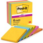 Notes autocollantes super sticky, couleurs carnival, pack de 6 blocs, 90 feuilles par bloc, 76 mmx76 ...